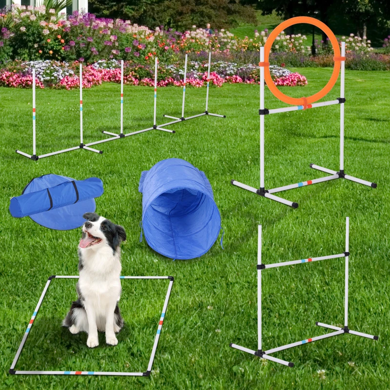 PawHut Dog Agility Equipment Training Set Carry Bag Adjustable (Pole + Hoop + Hurdle+Tunnel + Pause Box)
