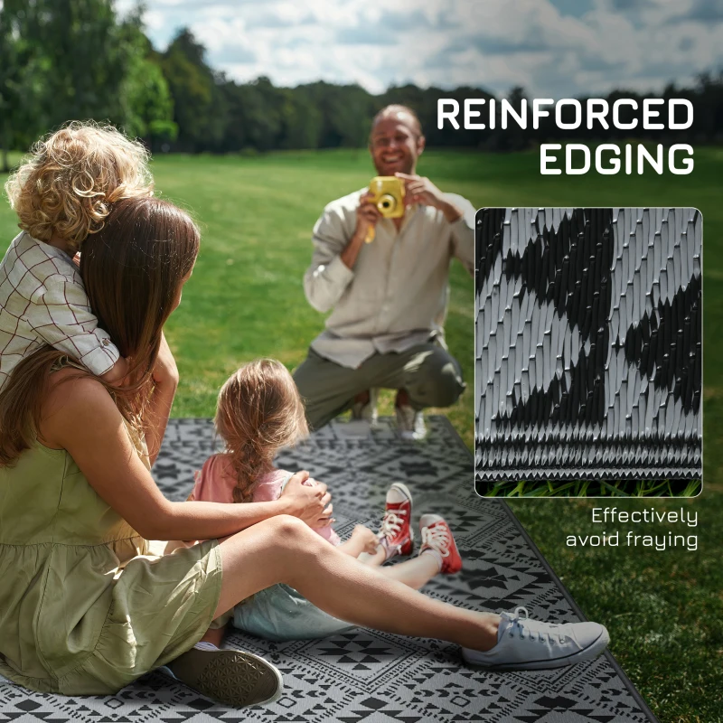 Outsunny 182 x 274cm Reversible Patterned Outdoor Rug, with Bag - Black/Grey