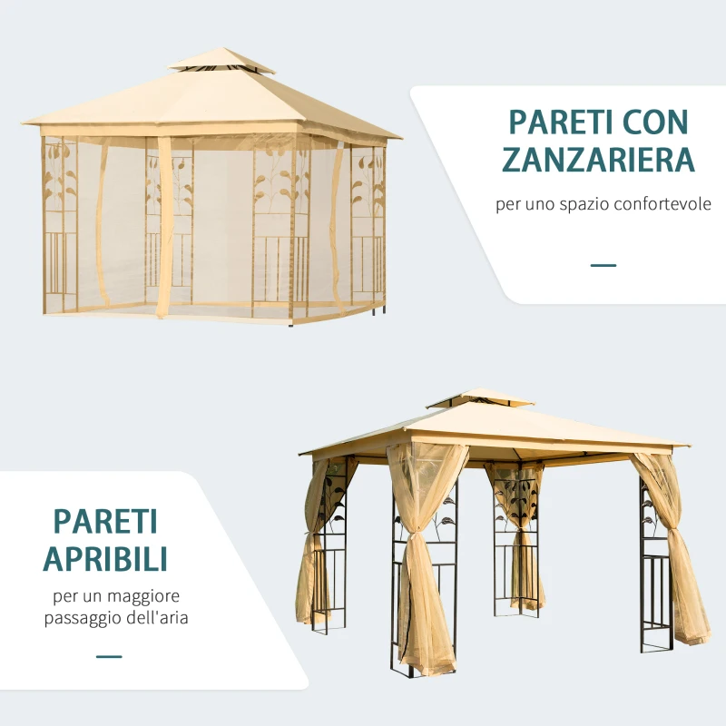 Outsunny Gazebo da Giardino 3x3m con Zanzariera, Telaio in Acciaio e Doppio Tettuccio, Beige