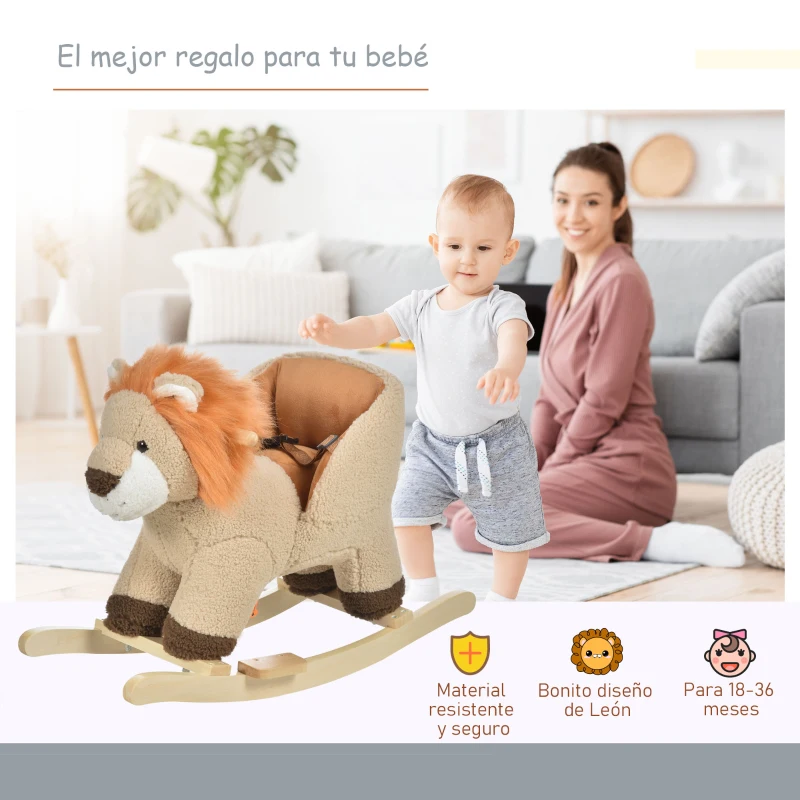 HOMCOM Caballito Balancín Infantil en Forma de León de Felpa para Bebés 18-36 Meses con Sonido Cinturón de Seguridad Manillar y Reposapiés 68x35x50 cm Marrón