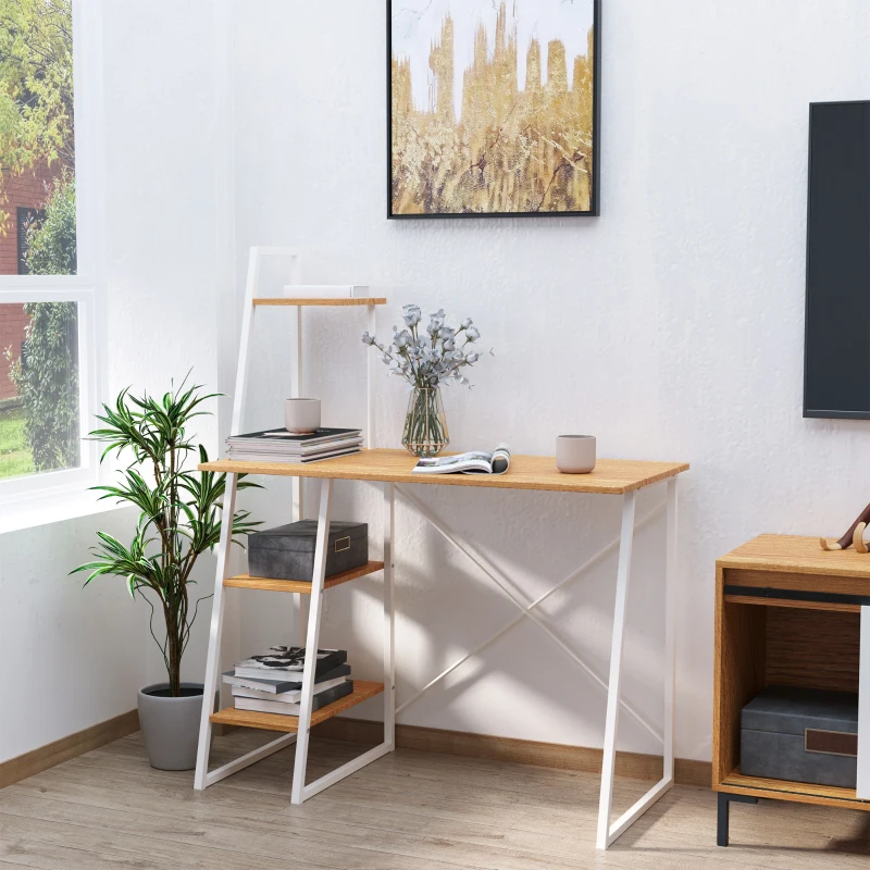 HOMCOM Home Office Computer Desk with 3-Tier Storage Shelves Study Writing Table Workstation for Small Space Natural