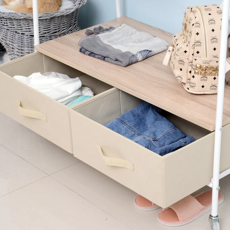 HOMCOM Portant sur roulettes porte-manteaux vestiaire d'entrée multi-rangements penderie, 2 tiroirs, 2 étagères, 2 patères  99L x 47l x 185H cm panneaux particules métal blanc
