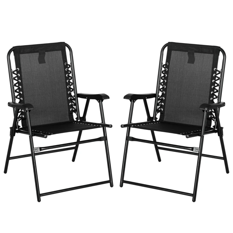 Outsunny 2 Pcs Patio Folding Chair Set, Outdoor Portable Loungers for Camping Pool Beach Deck, Lawn w/ Armrest Steel Frame Black