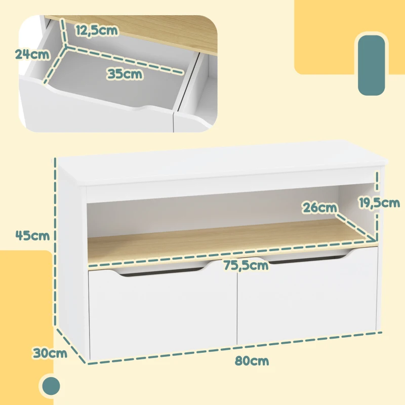 AIYAPLAY Estantería para Juguetes Infantil con 2 Cajones y Compartimento para Salón Dormitorio Sala de Juegos 80x30x45 cm Blanco