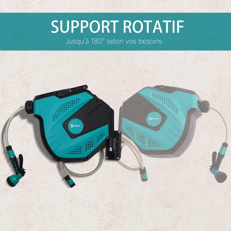 DURHAND Enrouleur automatique pivotant 180° fixation mural avec tuyau 15 + 1,5 m avec Buse de Pulvérisation, noir et vert