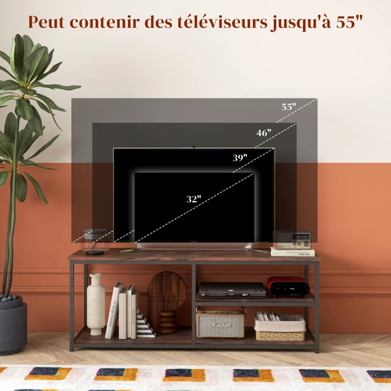 HOMCOM Meuble TV Banc TV Design Industriel Grand Plateau jusqu'à 55 Pouces avec 2 Étagères, pour salon chambre dim. 120L x 40l x 45H Coloris boisé métal Noir