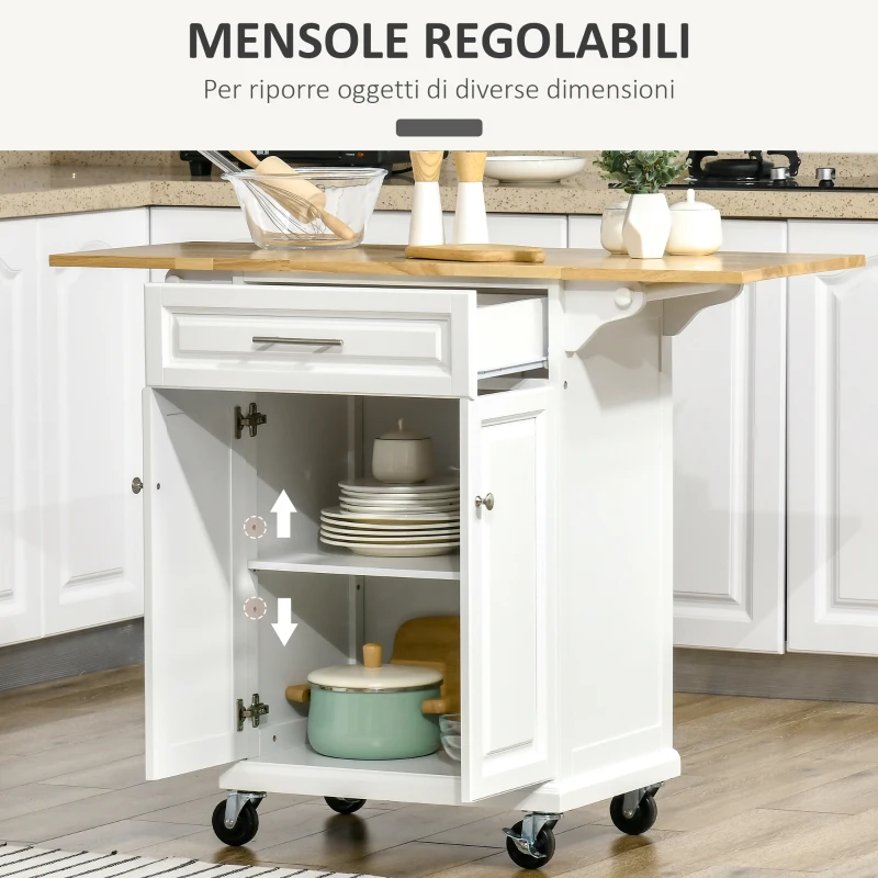 HOMCOM Carrello da Cucina Espandibile in Legno Bianco Cassetto, Armadietto, Portasciugamani e 4 Ruote 119.6x45.7x91.2cm