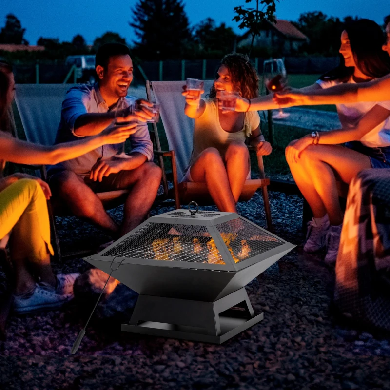 Outsunny Brasero Exterior de Acero Pozo de Fuego para Jardín Multifuncional con Protector de Chispas y Atizador 45x45x34cm Negro
