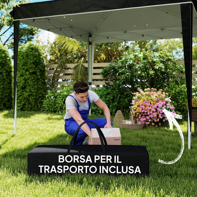 Outsunny Gazebo 3x3 m per 6-9 Persone ad Altezza Regolabile con Fori di Drenaggio, in Metallo e Tessuto Oxford Nero