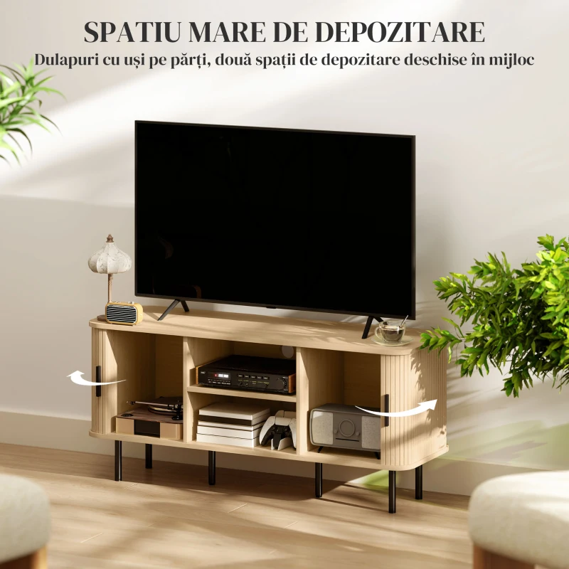 HOMCOM Dulap TV cu 2 Dulapuri, 2 Rafturi și 2 Orificii pentru Cabluri, Mobilier TV din Lemn, 120x40x55 cm, Lemn Natural