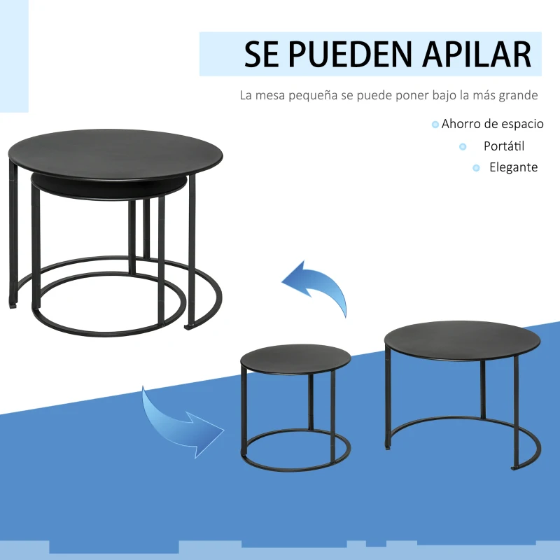 Outsunny Juego de 2 Mesas de Café Ø70x50 cm y Φ50x43 cm Mesitas Auxiliares Redondas de Metal para Jardín Salón Domitorio Carga Máxima de 25 kg Negro