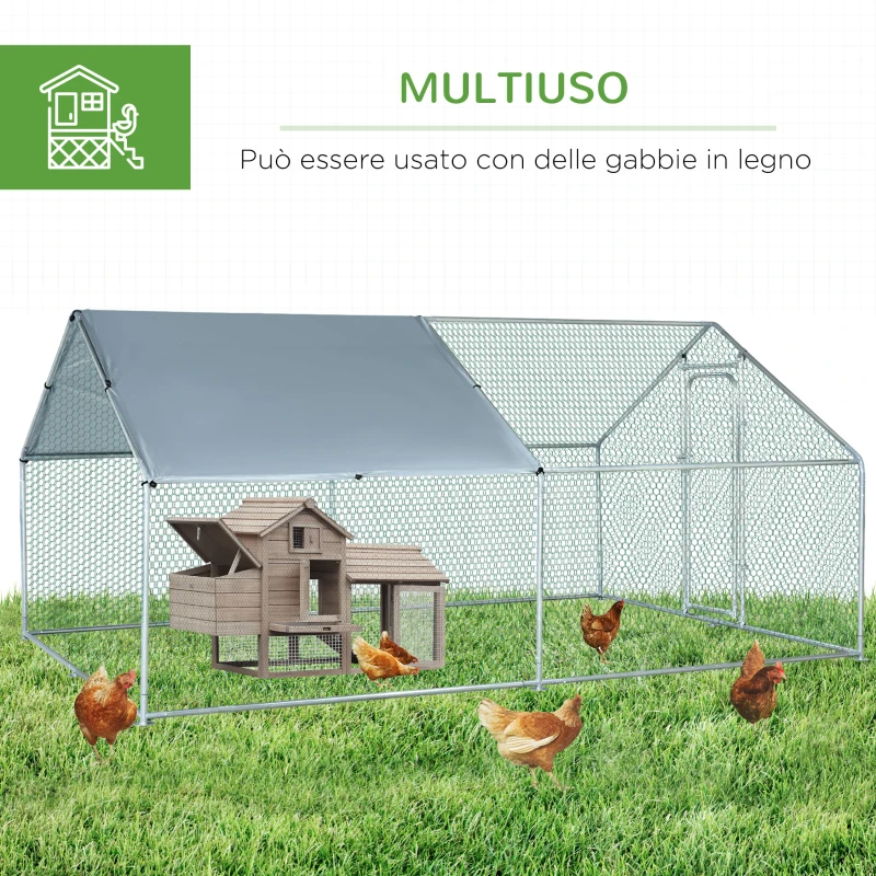 PawHut Pollaio per Galline da Esterno in Metallo con Copertura in Tessuto Oxford, 300x400x195 cm, Argento