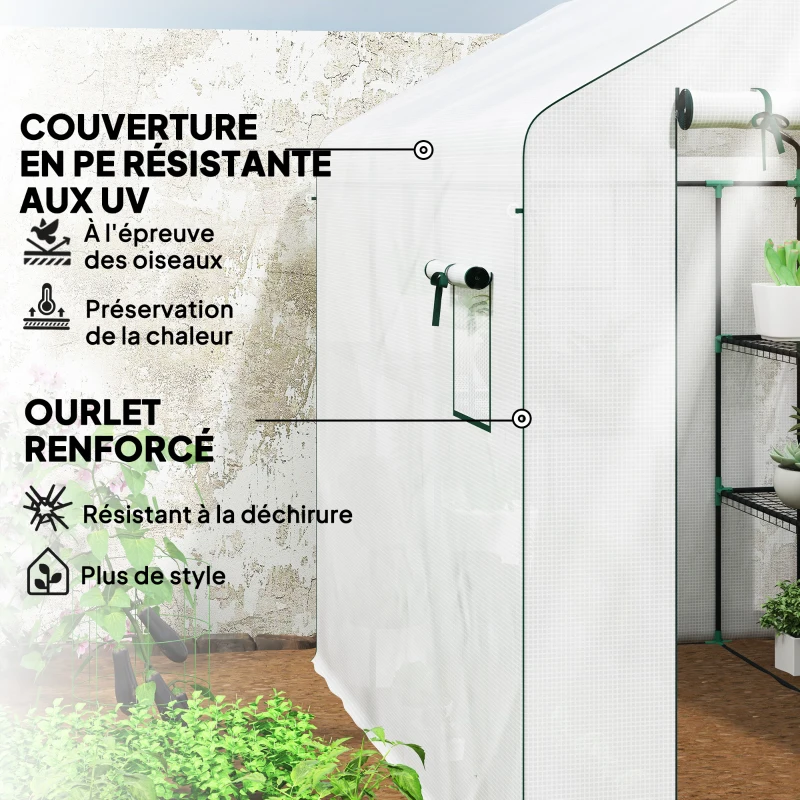 Outsunny Serre de jardin 3 m² avec étagères 3 niveaux, PE renforcée 135 g/m² anti-UV, porte enroulable et fenêtres en maille