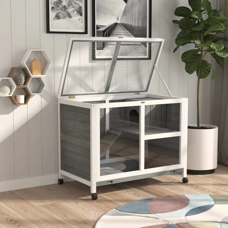 PawHut Wooden Rabbit Hutch Indoor with Wheels, Openable Roof, 91.5 x 53.3 x 73 cm, Grey