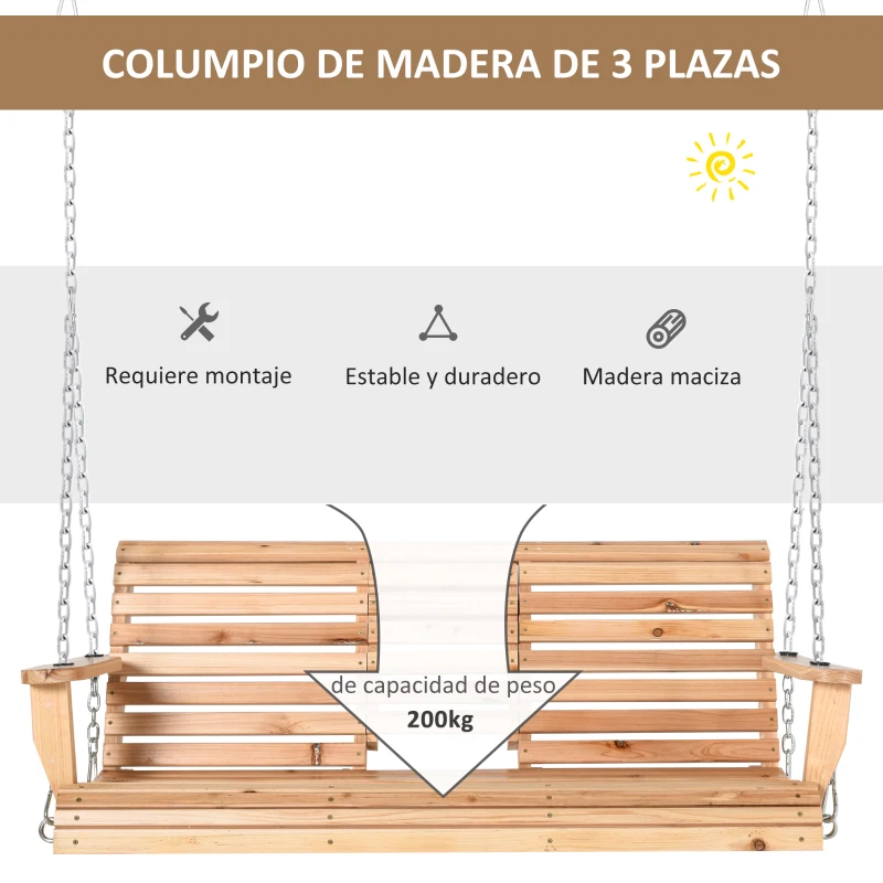 Outsunny Banco Colgante de Madera con Mesa de Centro Plegable 2 Portavasos y Reposabrazos Carga 200 kg 150x75x53 cm Natural