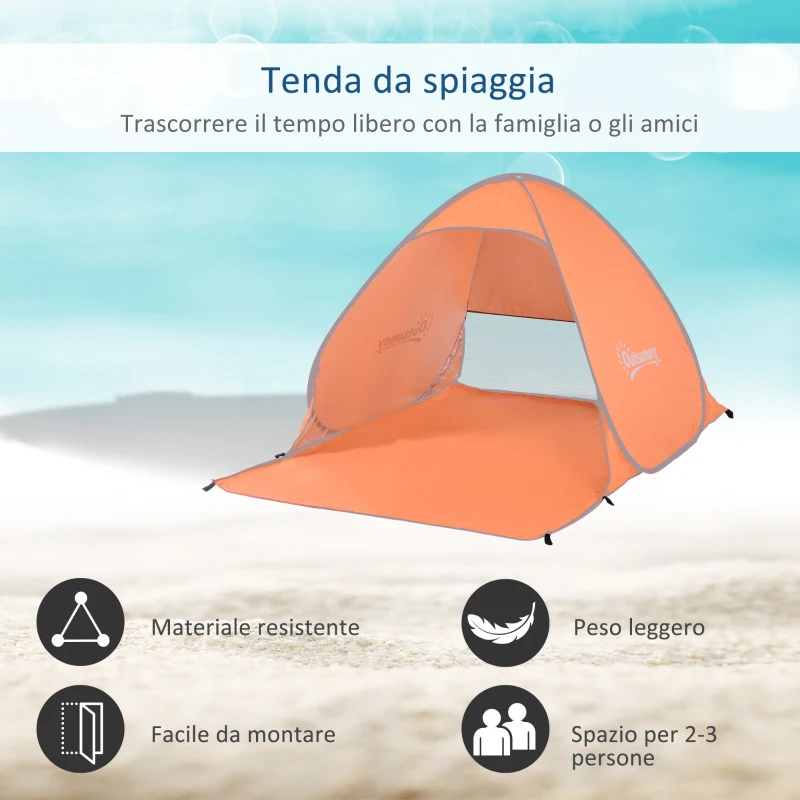 Outsunny Tenda da Spiaggia Pop Up con Protezione UV 30+ e Borsa di Trasporto, 200x150x119 cm, Arancione