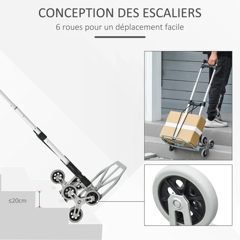 DURHAND Diable escalier pliant en aluminium avec 6 roues et sangle - charge de 70 kg avec - argent et noir