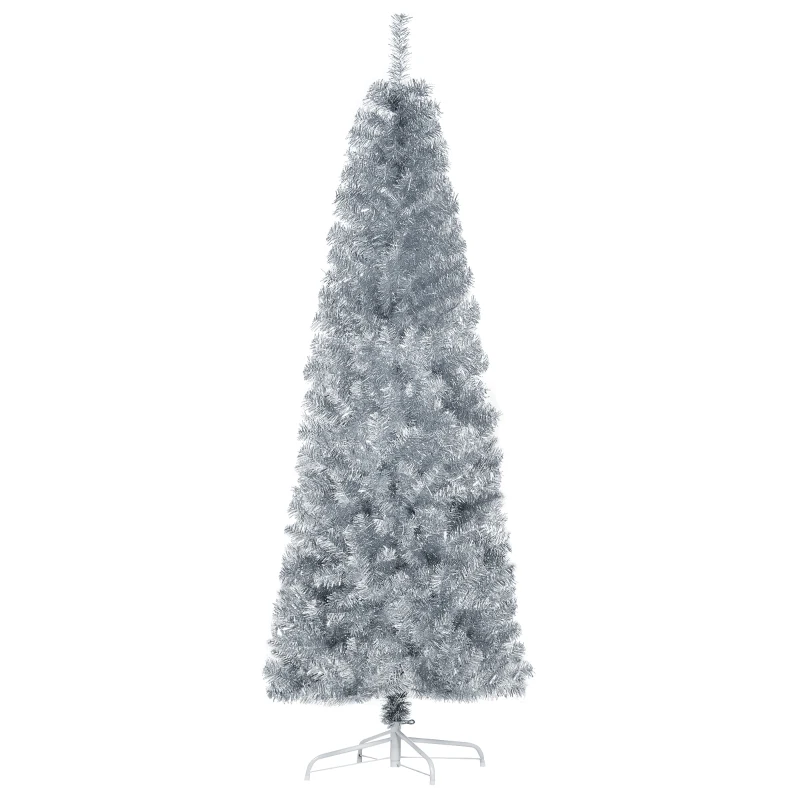 HOMCOM Albero di Natale Artificiale Alto 180cm con 618 Rami, Albero di Natale Slim con Base Rimovibile, in PET e Acciaio, Argento