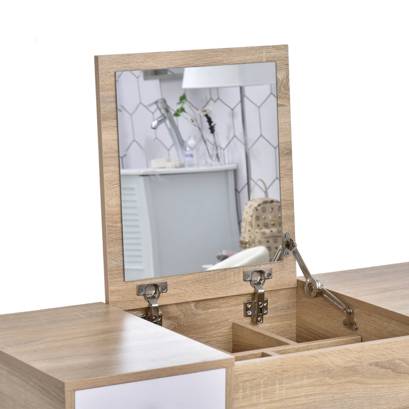 HOMCOM Tocador de Maquillaje con Espejo Abatible Mesa de Maquillaje con Taburete Acolchado Cojín Suave Compartimentos y Cajones Patas de Madera Maciza 100x45x118 cm Color Natural