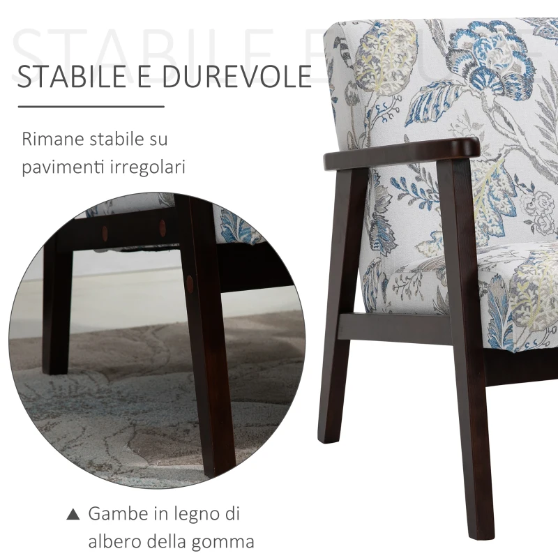HOMCOM Sedia per Soggiorno Poltroncina Imbottita con Braccioli in Legno e Tessuto Traspirante per Casa e Ufficio, a Fiori, 68.5x78.5x75cm