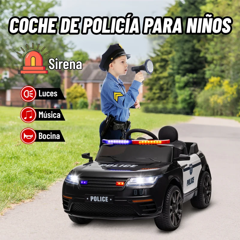 AIYAPLAY Coche Eléctrico Infantil de Policía con Batería 12V Mando a Distancia Faros Bocina Sirena Música Negro