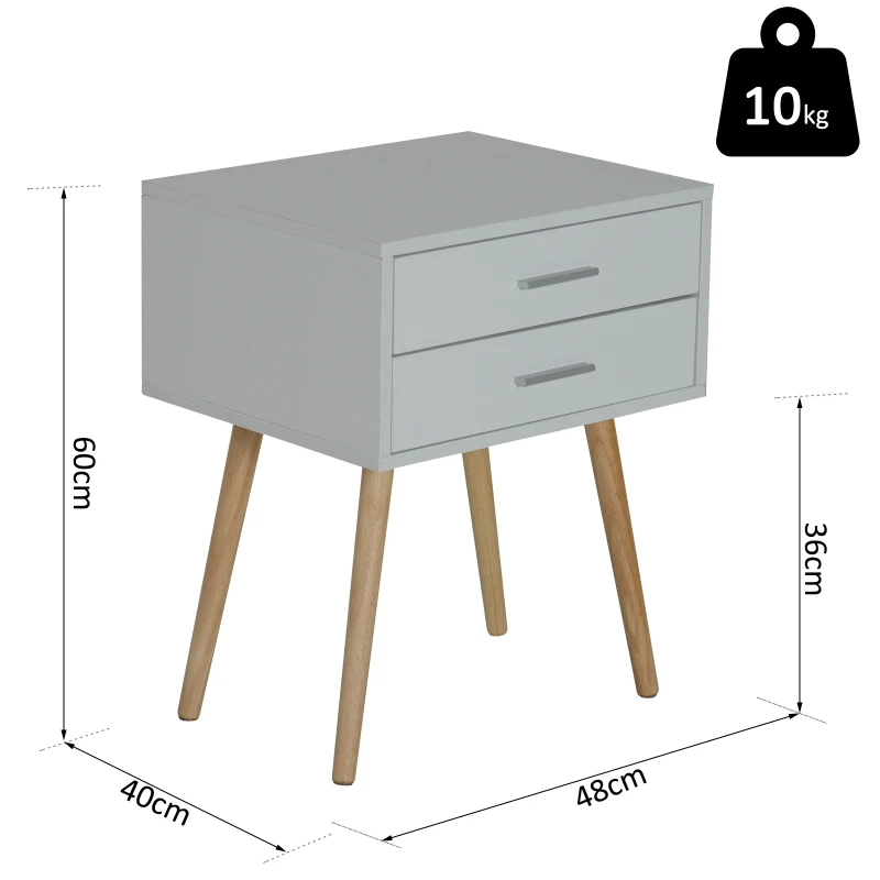 HOMCOM Table de chevet table de nuit design scandinave 48L x 40l x 60H cm 2 tiroirs pieds effilés inclinés bois massif panneaux particules blanc