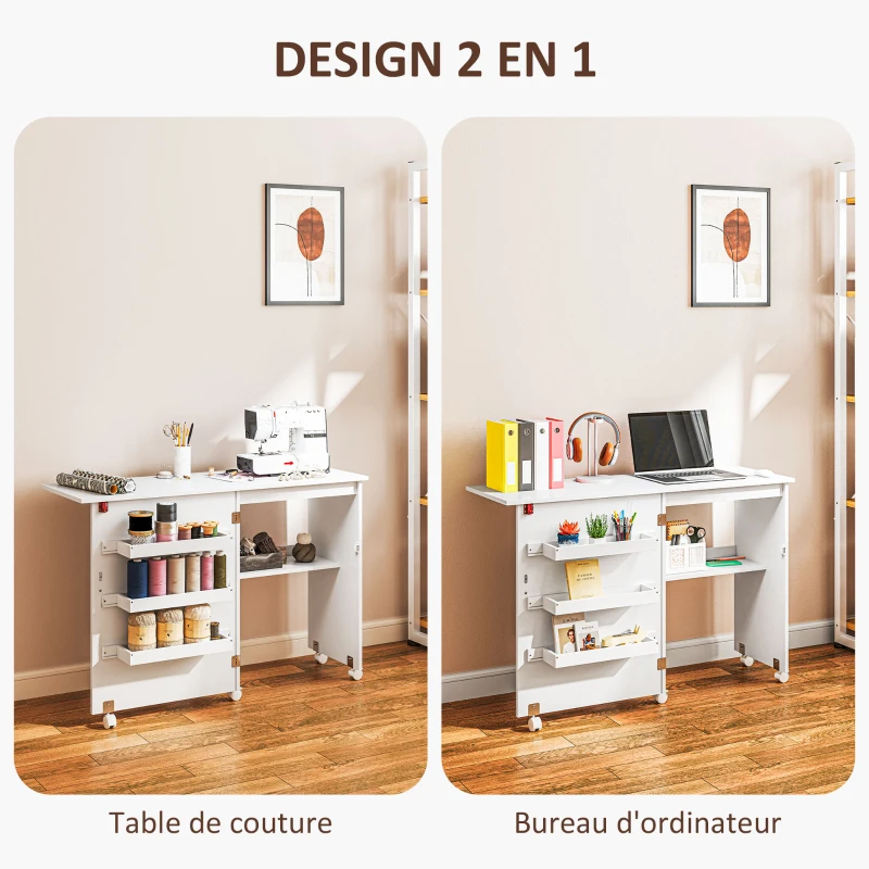 HOMCOM Table de couture pliante meuble couture à abattant avec bacs de rangement, étagère ouverte et roulettes, blanc