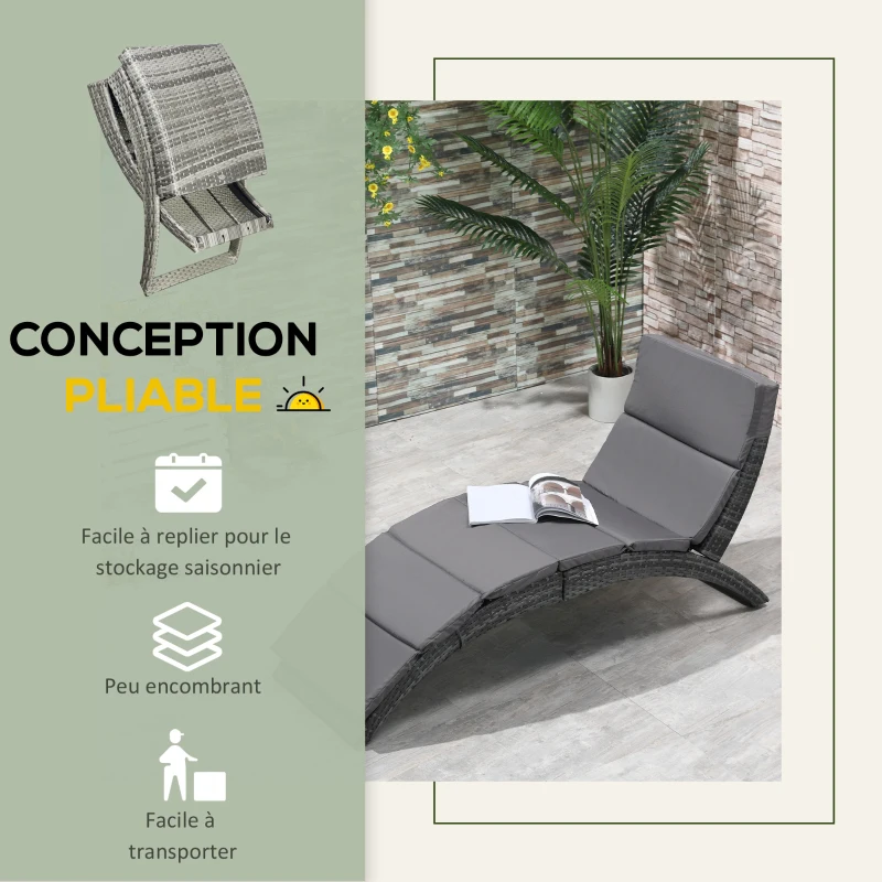 Outsunny Bain de soleil transat pliable chaise longue d'extérieur avec matelas grand confort en métal et résine tressée - gris