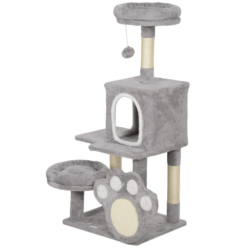 PawHut Árbol para gatos 110 cm Torre para Gatos con Nidos Cueva Plataforma Almohadilla de Rascado Bola Colgante Gris Claro