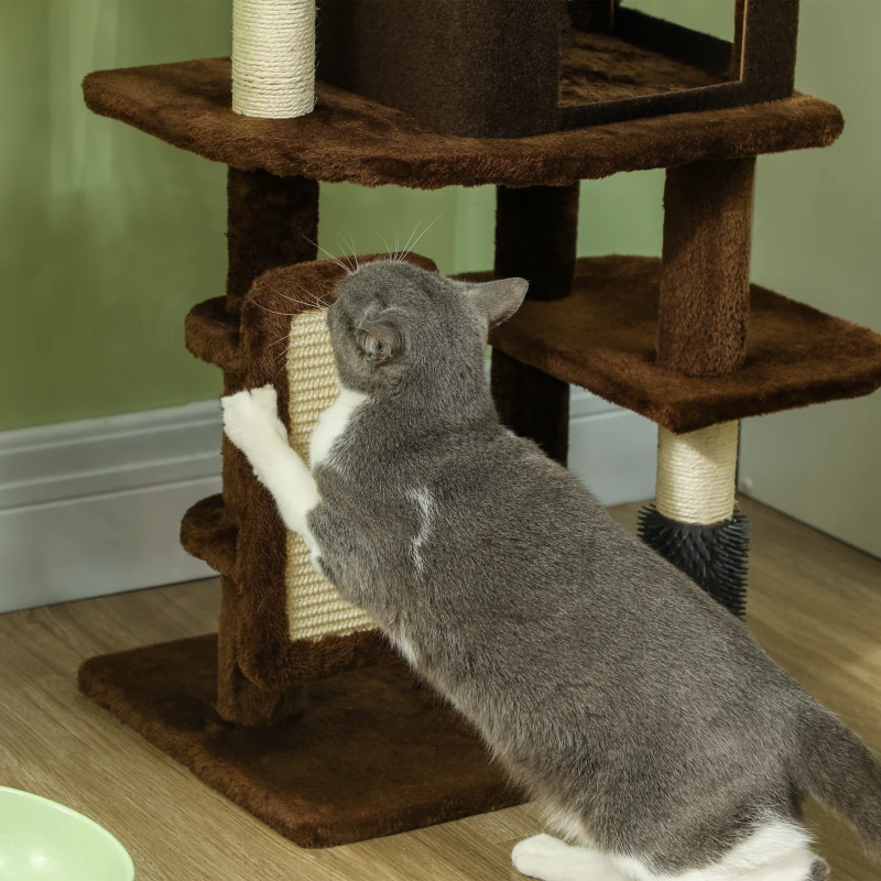 PawHut Árbol Rascador para Gatos 104 cm con Plataformas Poste con Cepillo Bolas Colgantes y Almohadilla para Rascar Marrón