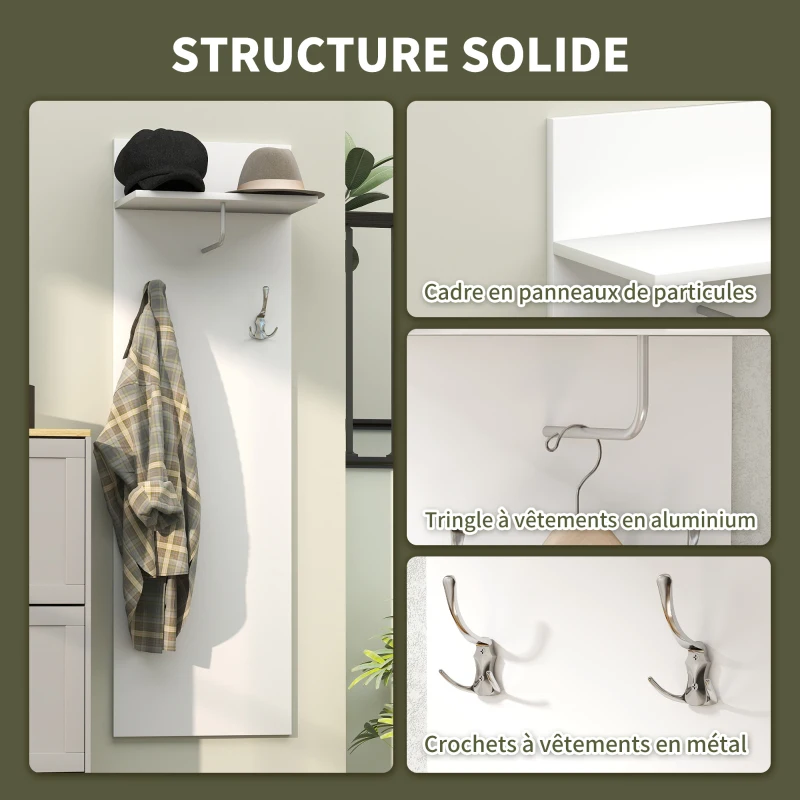 HOMCOM Porte-manteau mural meuble d'entrée avec étagère, 2 crochets et barre en aluminium, pour entrée, couloir, chambre