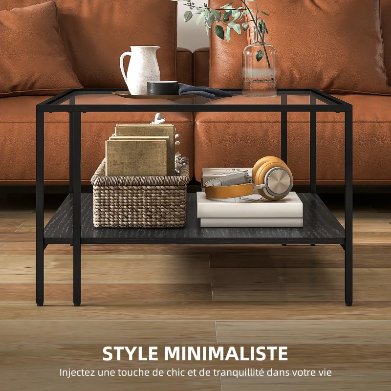 HOMCOM Table basse carrée 2 niveaux avec plateau en verre trempé, 1 étagère, design minimaliste, 73l x 73P x 46,5H cm, noir