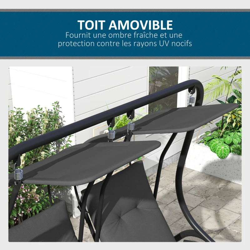 Outsunny Balancelle de Jardin 2 Places indépendantes 2 tablettes Supports Coussins Assise Dossier Grand Confort