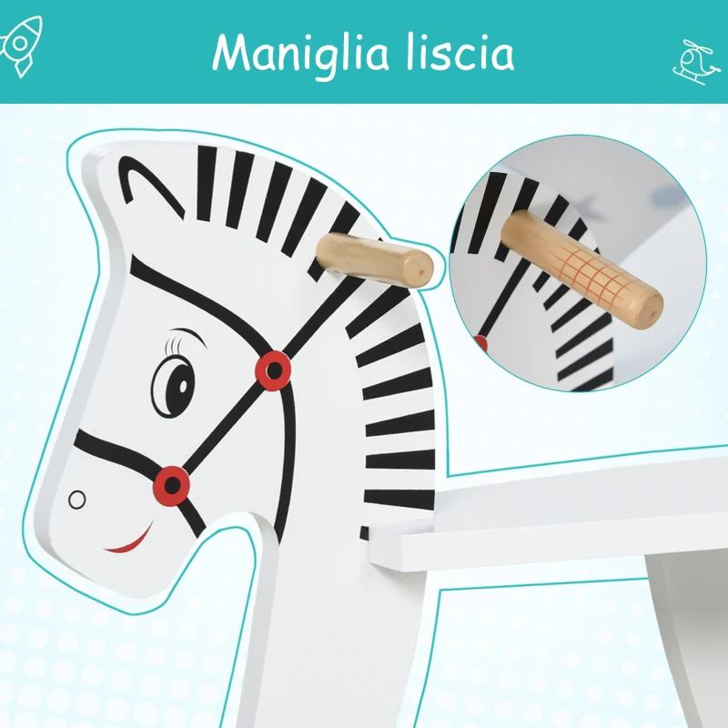 HOMCOM Cavallo a Dondolo Classico in Legno per Bambini 1-3 Anni con Bordo, Maniglie e Poggiapiedi, 68x26.5x48cm, Bianco