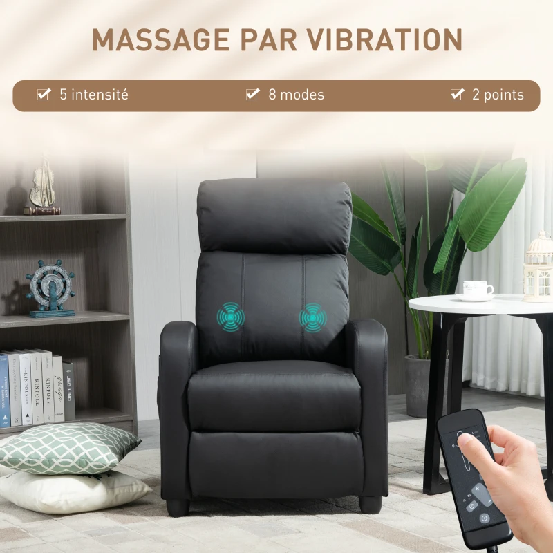 HOMCOM Fauteuil de Relaxation et Massage électrique avec Inclinaison Manuelle Dossier Repose-Pied réglable revêtement synthétique Noir