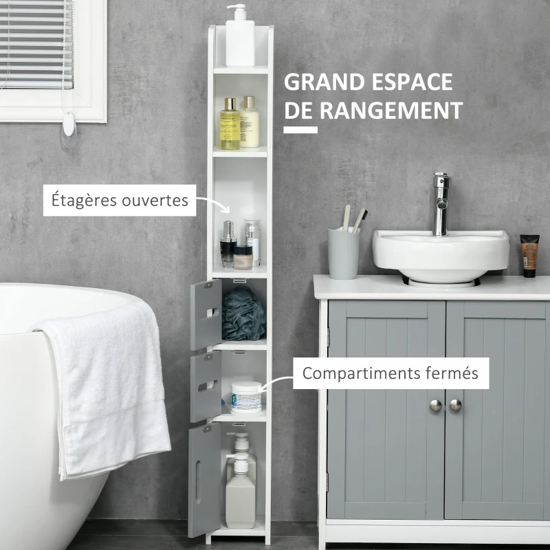 kleankin Meuble colonne de salle de bain armoire toilette haute avec étagères et placards - 15 x 17 x 120 cm gris