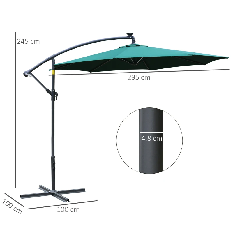 Outsunny 3(m) Banana Cantilever Parasol with Solar LED Lights, Garden Umbrella with Cross Base and Crank Handle, Hanging Offset Sun Shade for Outdoor, Patio, Green