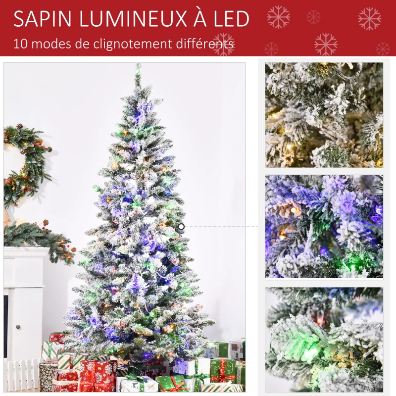 HOMCOM Sapin de Noël artificiel lumineux 210 cm arbre de Noël enneigé avec 10 modes d'éclairage multicolore 829 branches vert