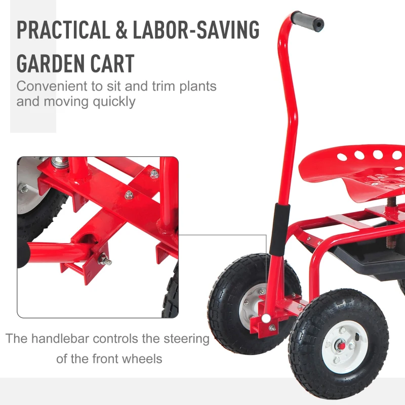 Outsunny Adjustable Rolling Garden Cart Outdoor Gardening Planting Station Trolley Swivel Gardener Work Seat Heavy Duty With Tool Tray & Basket Red 150kg