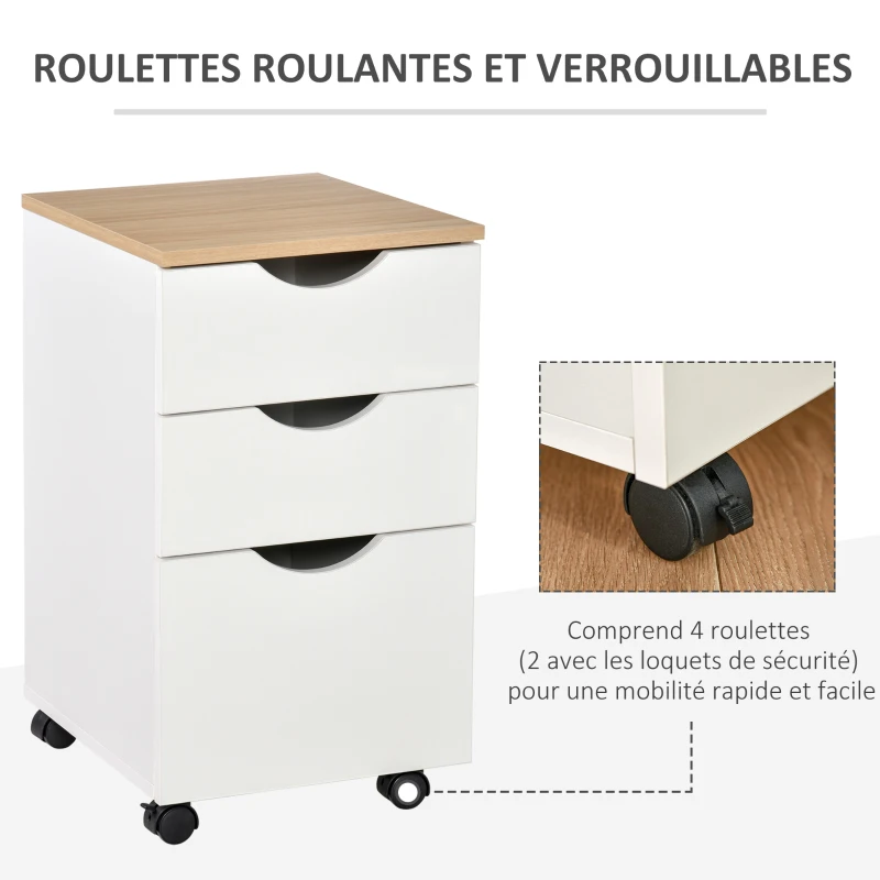 HOMCOM Caisson de bureau rangement bureau sur roulettes 3 tiroirs coulissants dim. 34L x 40I x 60,5H cm MDF blanc bois clair