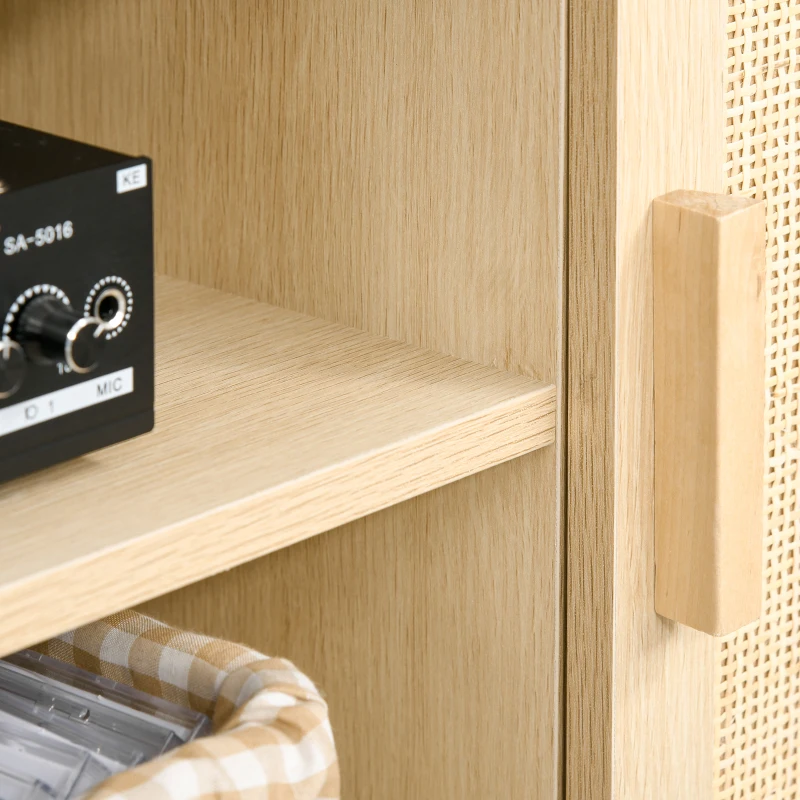 HOMCOM Meuble TV Banc TV 2 niches 2 placards Porte cannage en rotin dim. 115L x 40l x 48H cm MDF Aspect Bois Clair