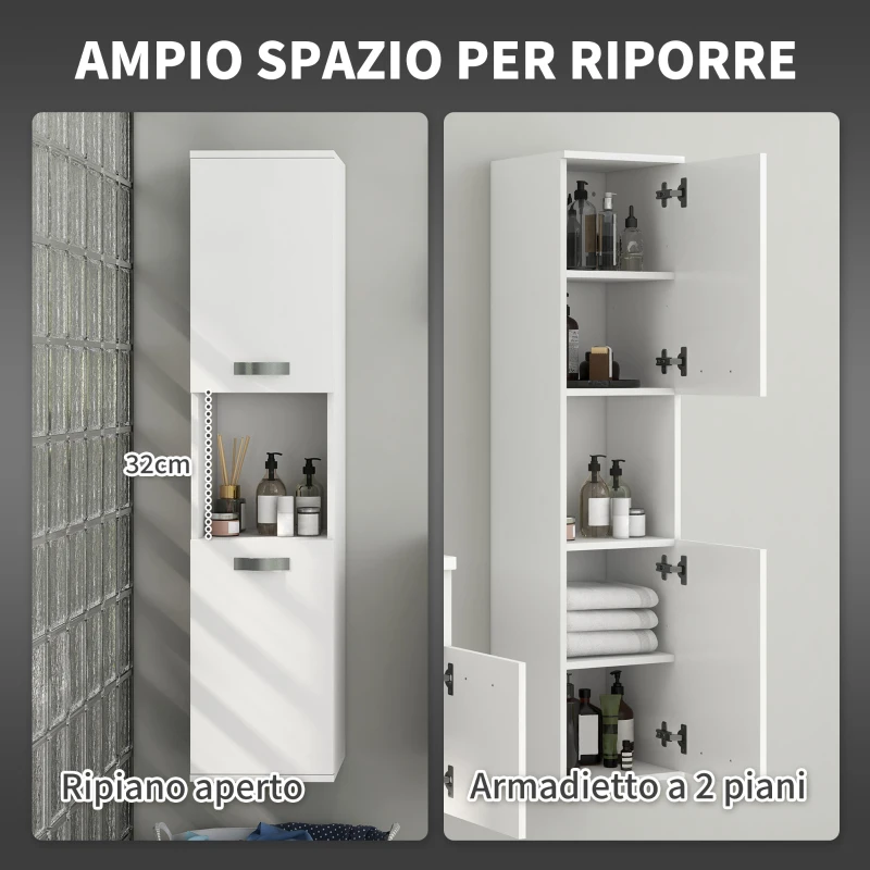 kleankin Mobile Bagno in Legno a Parete con 2 Armadietti, 2 Ripiani e Scaffale Aperto, 30x30x131.5 cm, Bianco