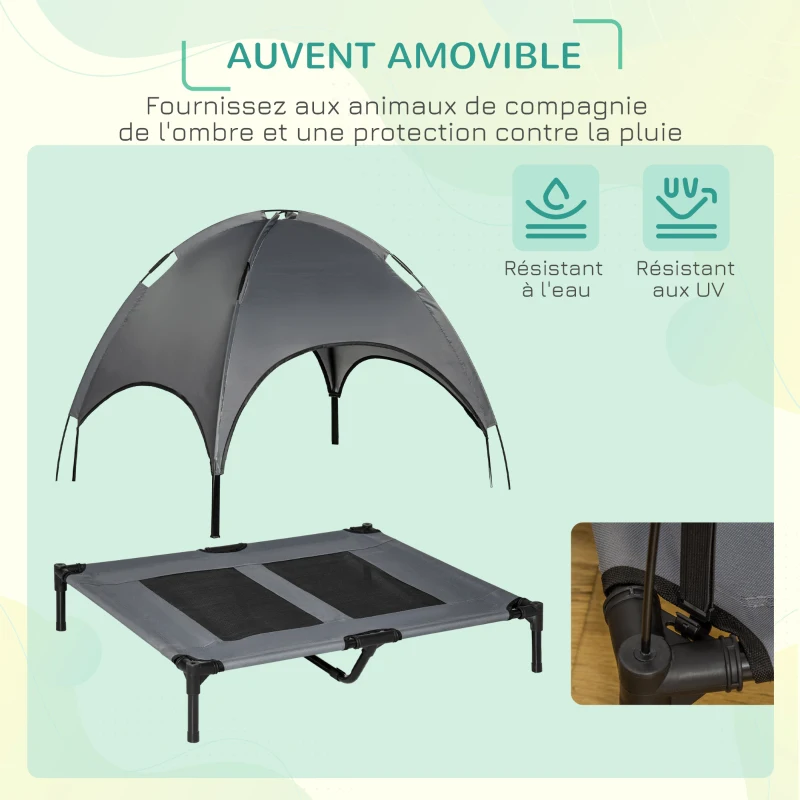 PawHut Lit pour chien chat sur pieds grand confort velum anti-UV tissu oxford micro-perforé + parasol + sac de transport inclus dim. 92L x 76l x 90H cm gris noir