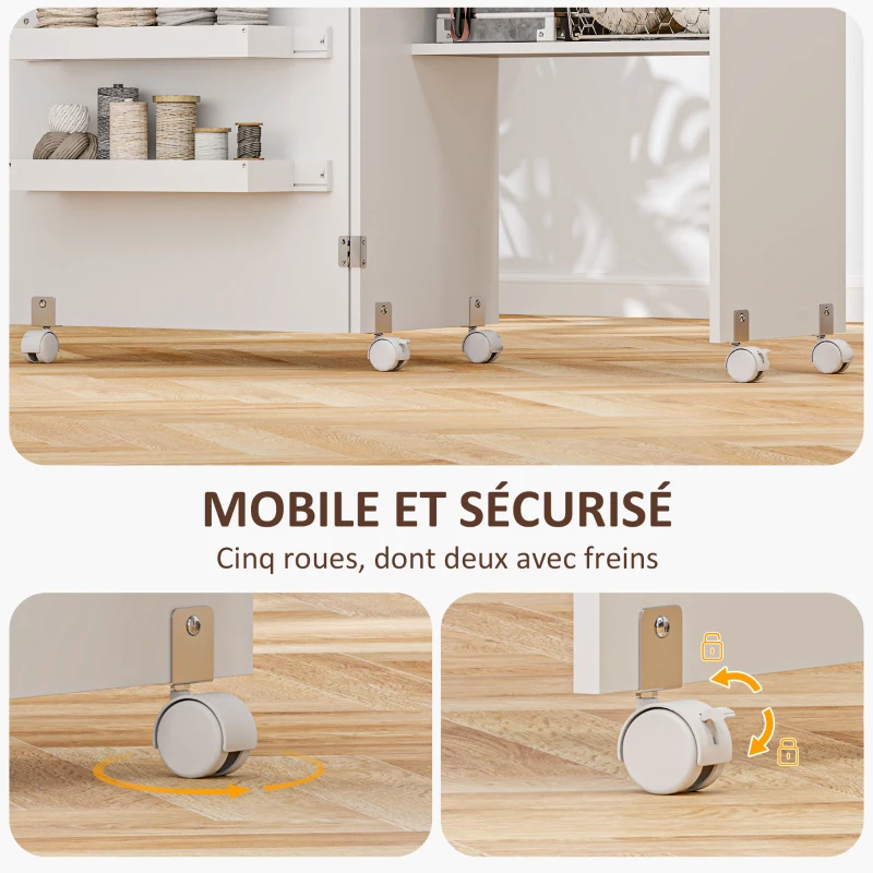 HOMCOM Table de couture pliante meuble couture à abattant avec bacs de rangement, étagère ouverte et roulettes, blanc