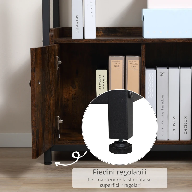 HOMCOM Mobile Libreria 4 Ripiani con Armadietto a 2 Ante, Libreria Scaffale in Stile Industriale per Casa e Ufficio, 75x30x180cm, Marrone