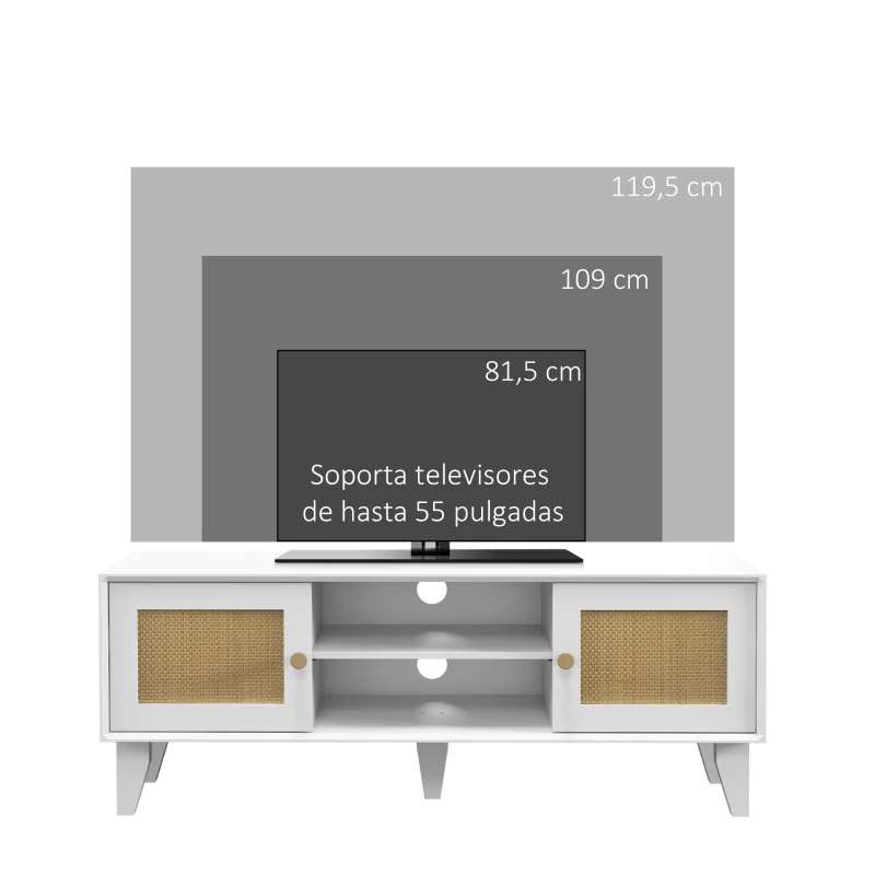 HOMCOM Mueble de TV de Salón Mesa para Televisores de hasta 55" con 2 Puertas de Ratán Estante Ajustable 120x35x46 cm Blanco
