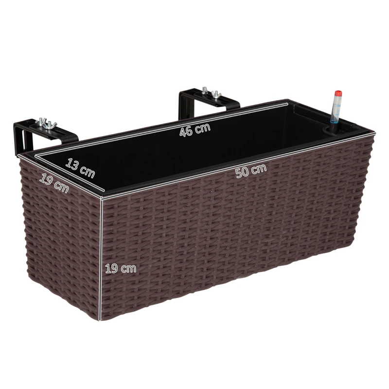 Outsunny Jardinière Suspendue pour Fleurs Plantes balconnière en résine tressée avec Supports réglables et système d'irrigation PP métal dim. 50L x 19l x 19H cm Marron et Noir