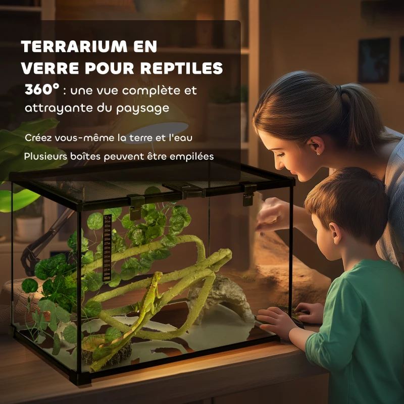 PawHut Boîte à reptiles habitat de terrarium transparent couvercle coulissant treillis métallique noir
