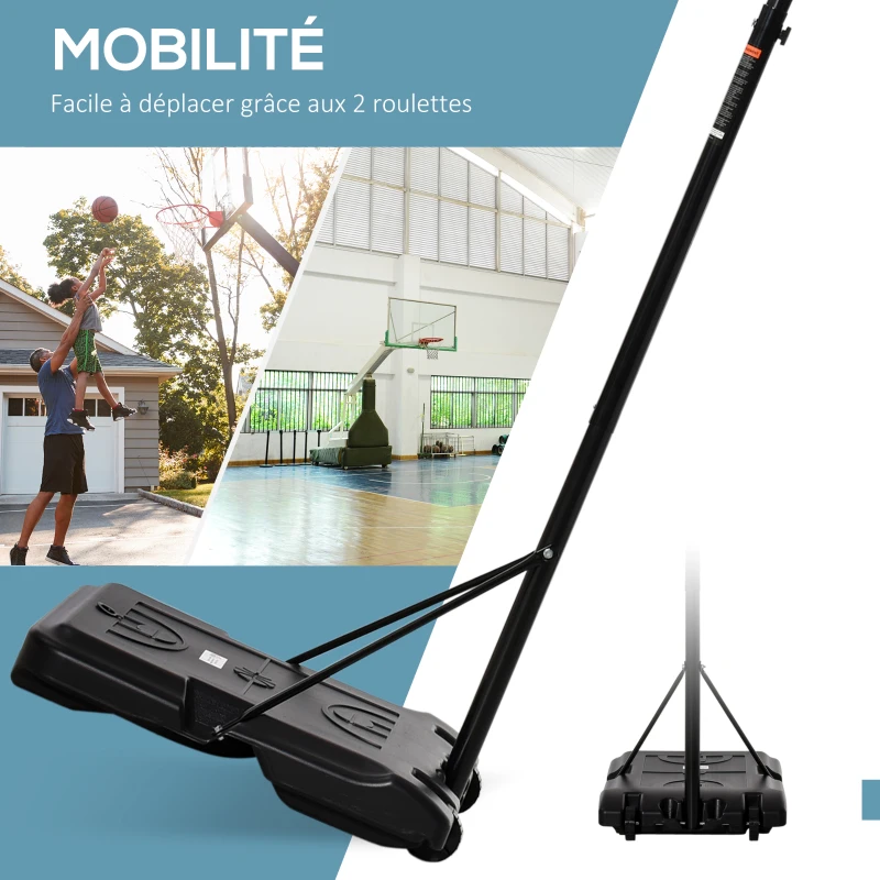 HOMCOM Panier de basket extérieur ajustable portable hauteur d'arceau réglable 212-250 cm base de lestage sur roulettes poteau métal noir blanc