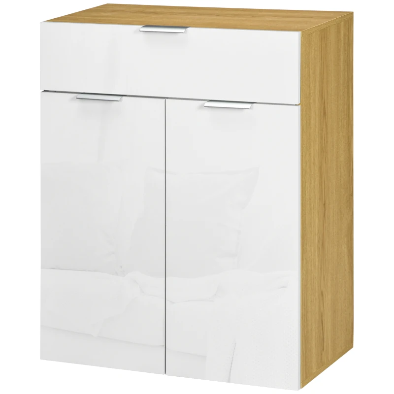 HOMCOM Aparador de Salón Armario Multiusos de Alto Brillo con Cajón 2 Puertas y Estantes Ajustables 70x35x92cm Blanco y Natural